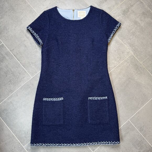 STS Sail to Sable Dark Blue Tweed Wool Blend Shift Dress Size 8 Short Sleeve - Picture 1 of 14